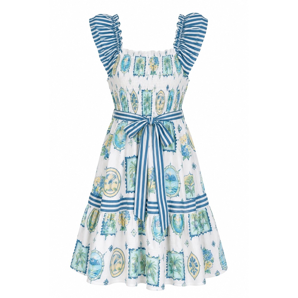 NWOT Avara Smocked Postcard Print Mini Dress Blue White Striped Ruffle Belted L